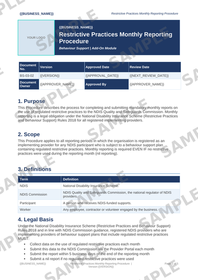 Restrictive Practices Monthly Reporting Procedure sample page preview