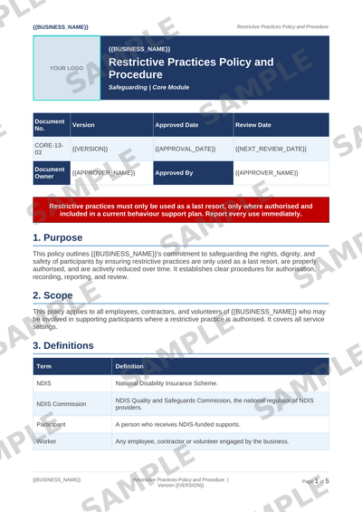 Restrictive Practices Policy and Procedure sample page preview