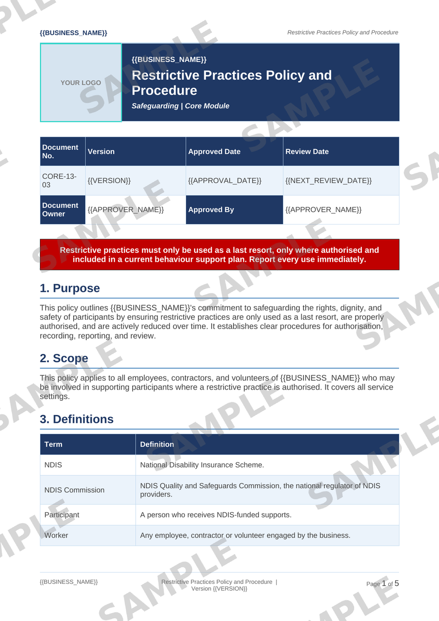 Restrictive Practices Policy and Procedure sample page preview
