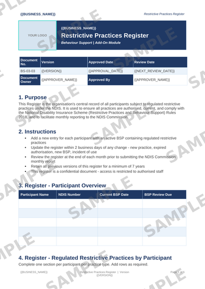 Restrictive Practices Register sample page preview