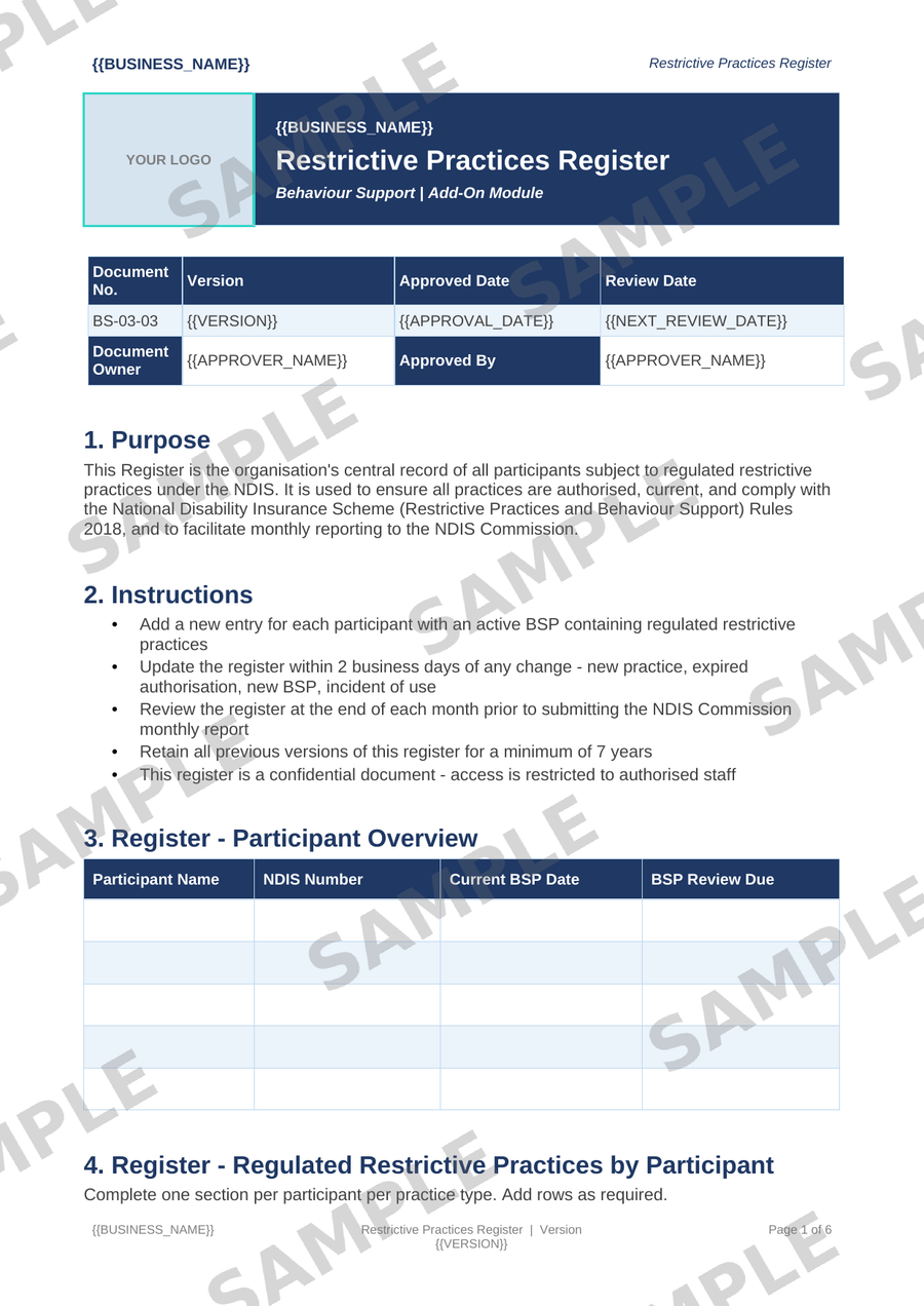 Restrictive Practices Register sample page preview