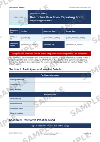 Restrictive Practices Reporting Form sample page preview