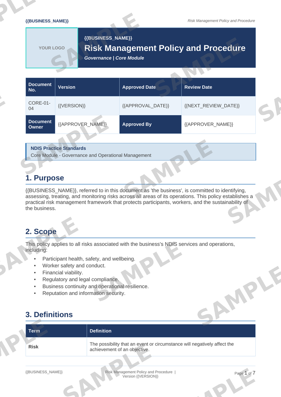 Risk Management Policy and Procedure sample page preview