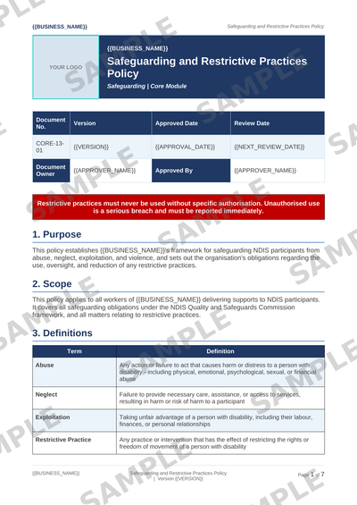Safeguarding and Restrictive Practices Policy sample page preview