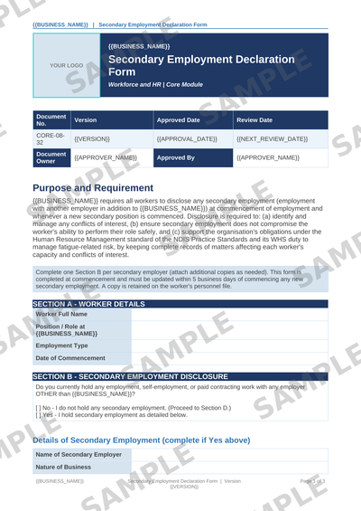 Secondary Employment Declaration Form sample page preview