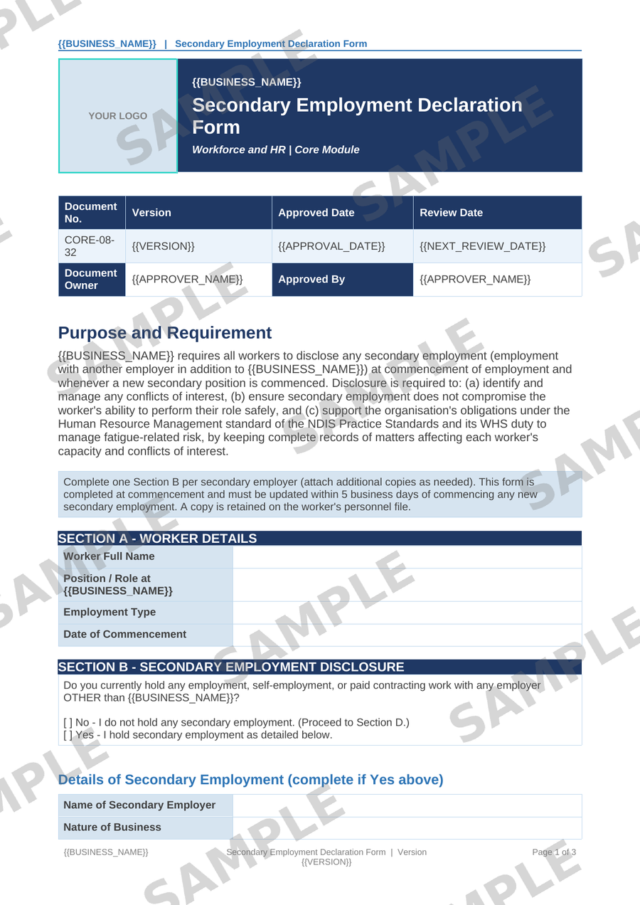 Secondary Employment Declaration Form sample page preview