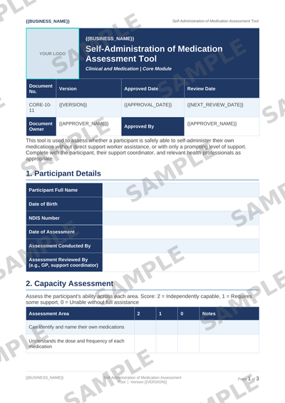 Self-Administration of Medication Assessment Tool sample page preview