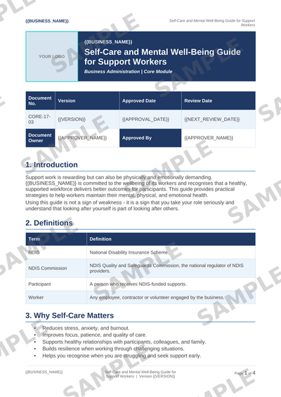 Self-Care and Mental Well-Being Guide for Support Workers sample page preview