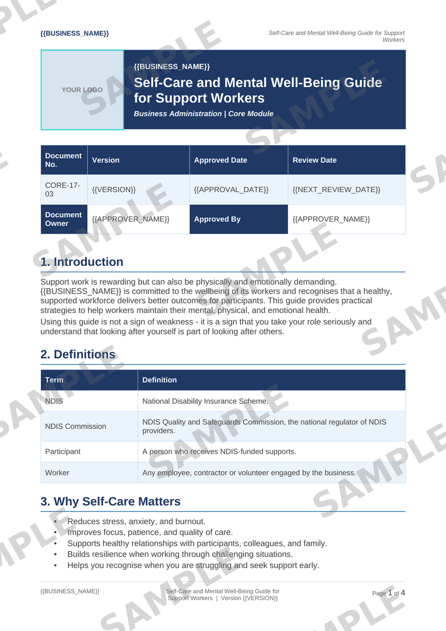 Self-Care and Mental Well-Being Guide for Support Workers sample page preview