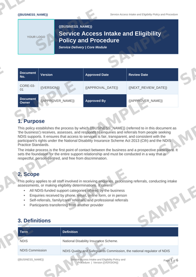 Service Access Intake and Eligibility Policy and Procedure sample page preview