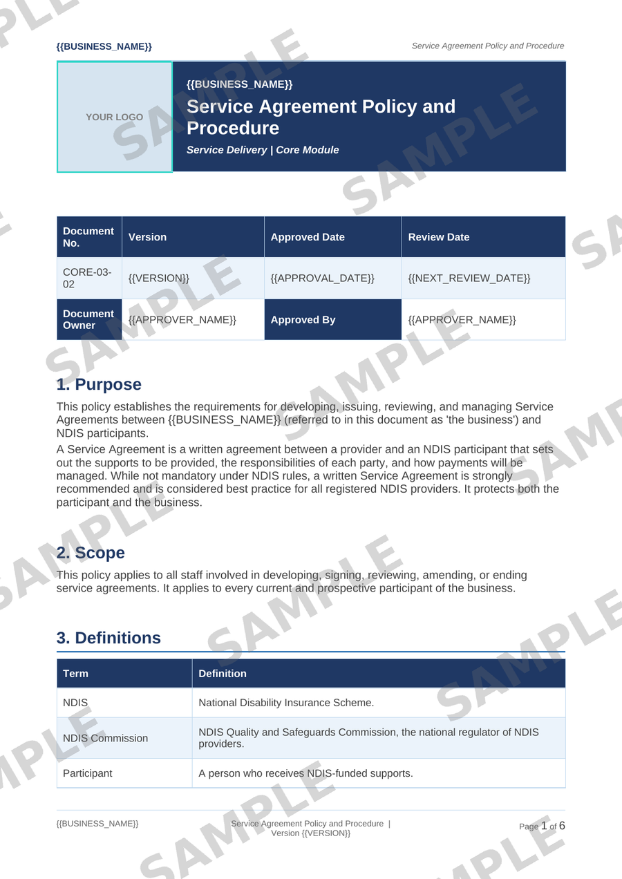 Service Agreement Policy and Procedure sample page preview