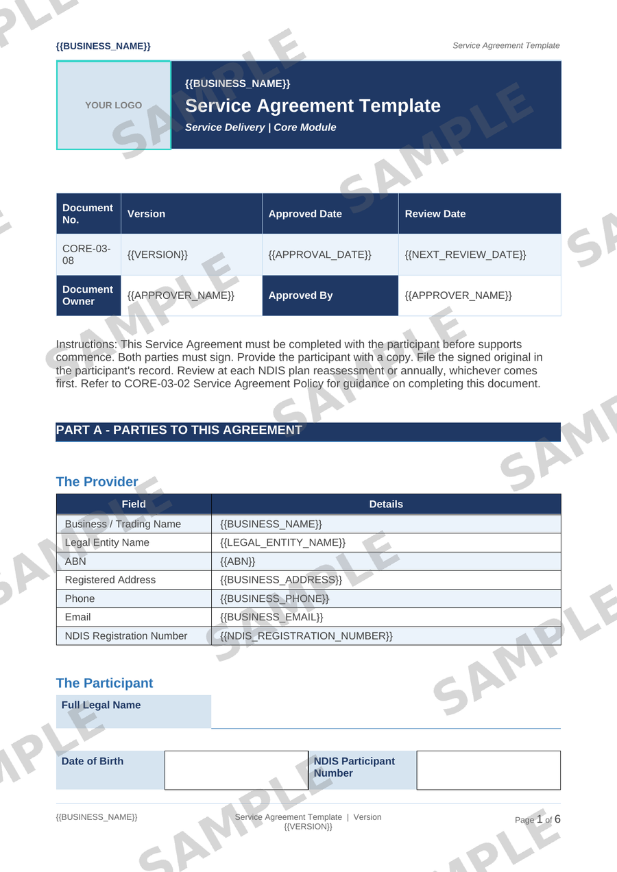 Service Agreement Template sample page preview