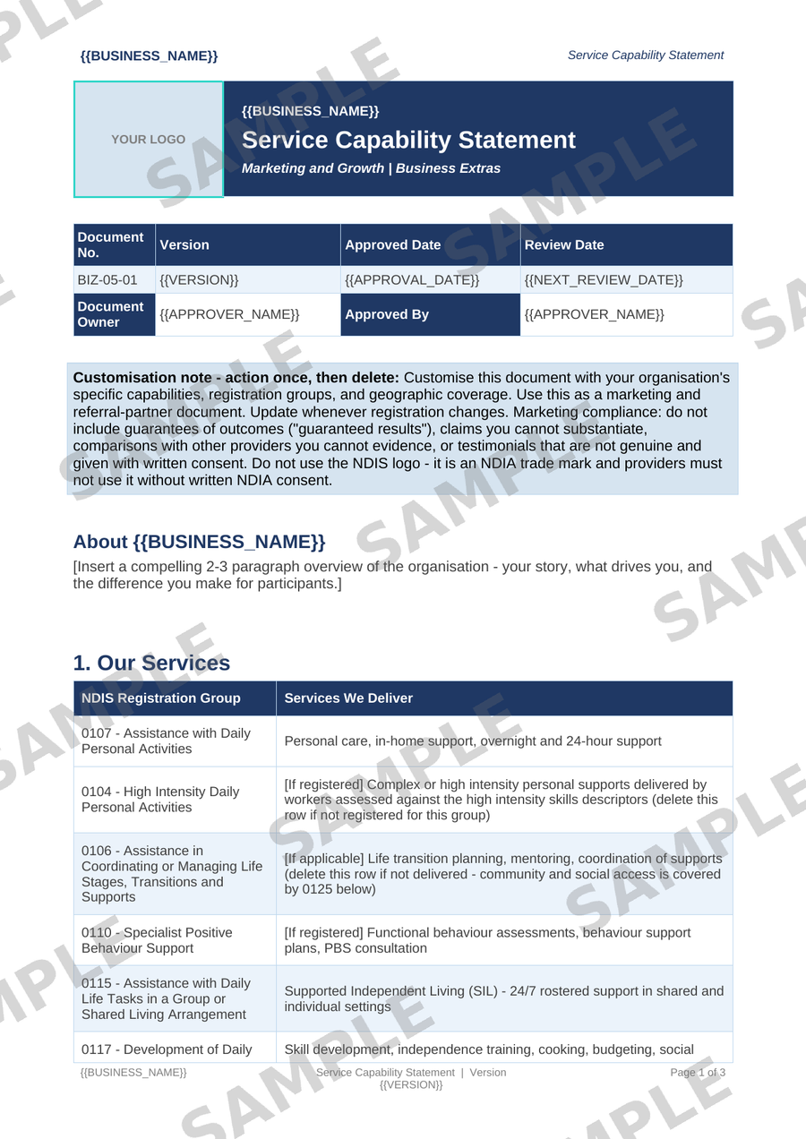Service Capability Statement sample page preview