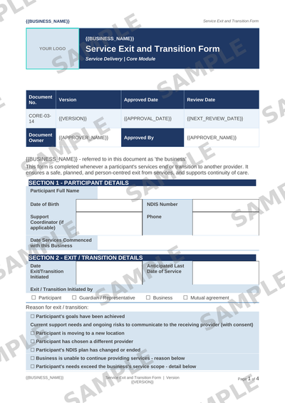 Service Exit and Transition Form sample page preview