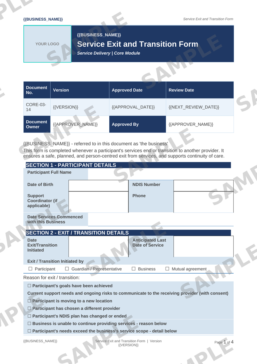 Service Exit and Transition Form sample page preview