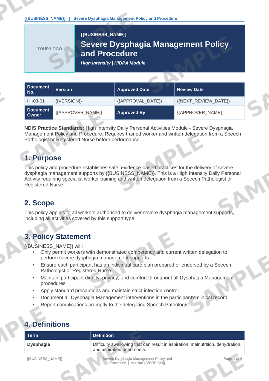 Severe Dysphagia Management Policy and Procedure sample page preview