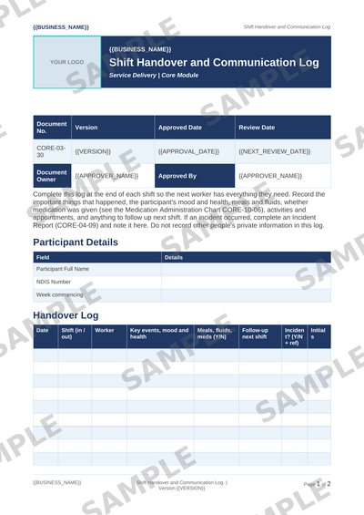 Shift Handover and Communication Log sample page preview