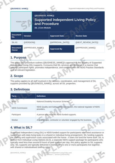 Supported Independent Living Policy and Procedure sample page preview