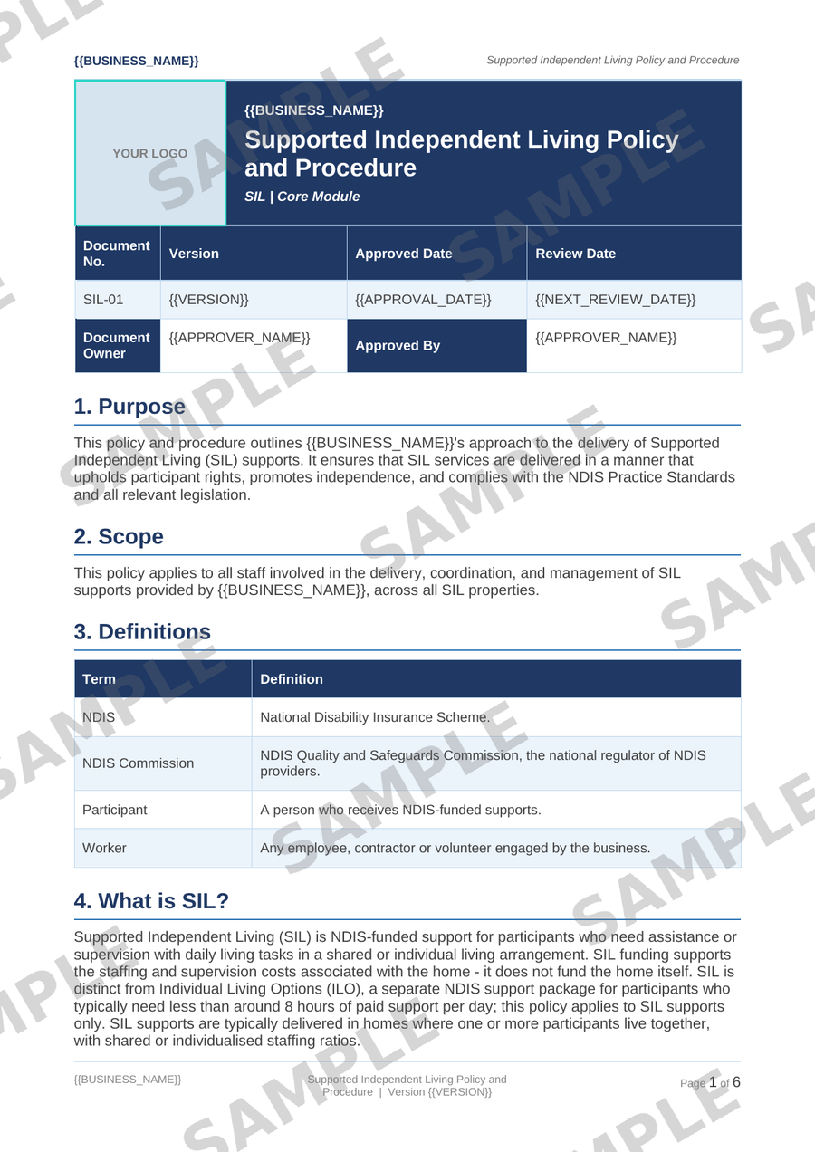 Supported Independent Living Policy and Procedure sample page preview