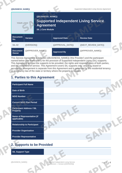Supported Independent Living Service Agreement sample page preview