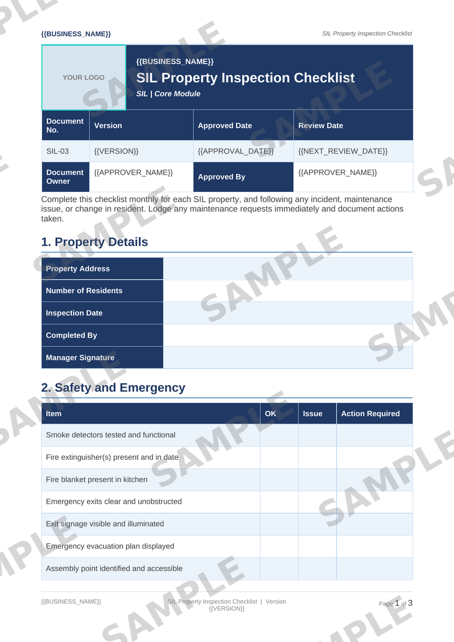SIL Property Inspection Checklist sample page preview