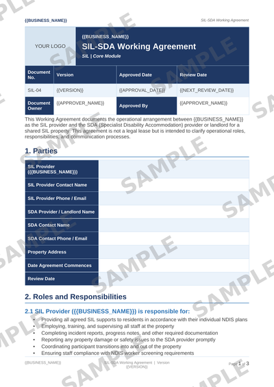 SIL-SDA Working Agreement sample page preview