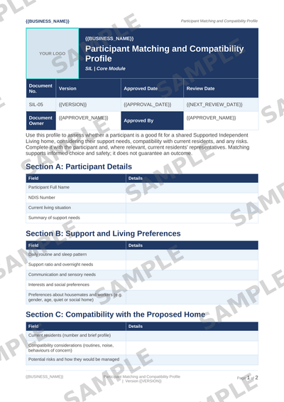 Participant Matching and Compatibility Profile sample page preview