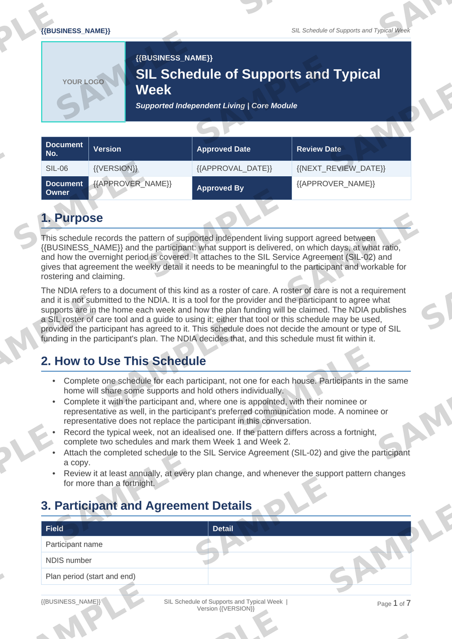 Sample NDIS SIL Schedule of Supports and Typical Week template