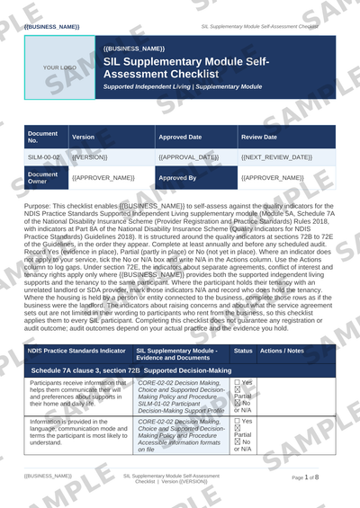 Sample NDIS SIL Supplementary Module Self-Assessment Checklist template