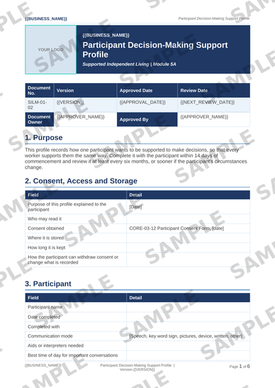 Sample NDIS Participant Decision-Making Support Profile template