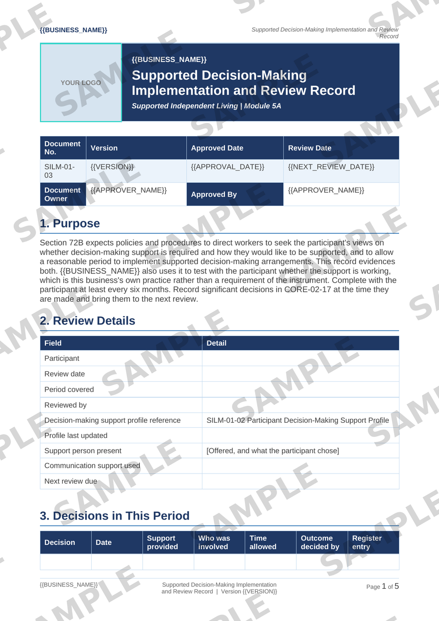 Sample NDIS Supported Decision-Making Implementation and Review Record template