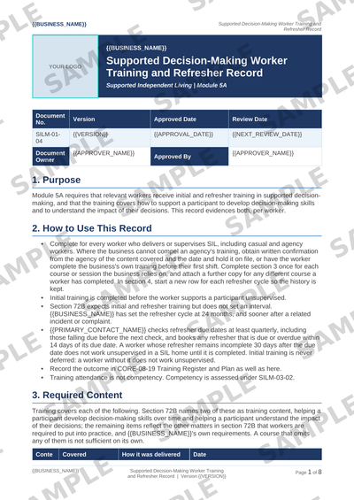 Sample NDIS Supported Decision-Making Worker Training and Refresher Record template
