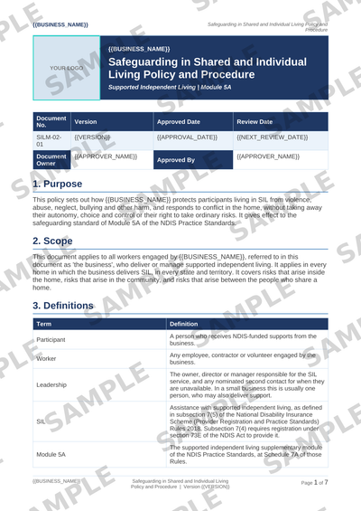Sample NDIS Safeguarding in Shared and Individual Living Policy and Procedure template