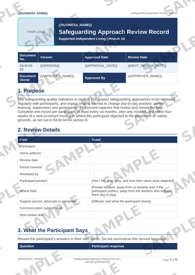 Sample NDIS Safeguarding Approach Review Record template