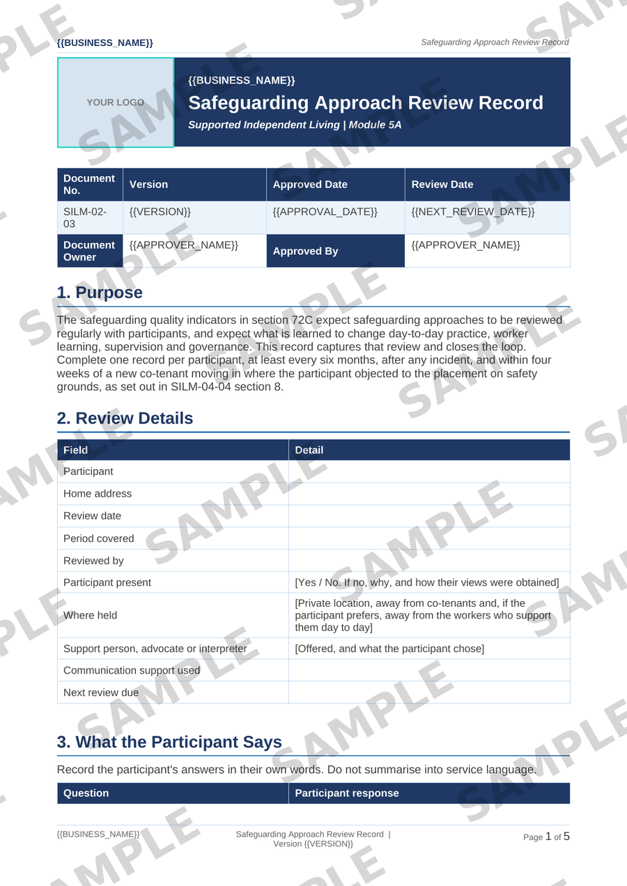 Sample NDIS Safeguarding Approach Review Record template