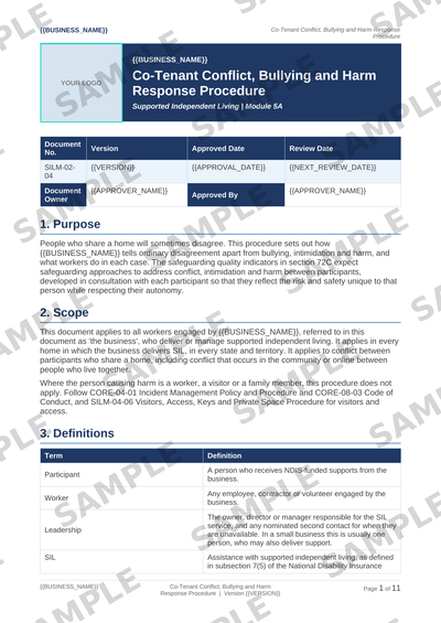 Sample NDIS Co-Tenant Conflict, Bullying and Harm Response Procedure template