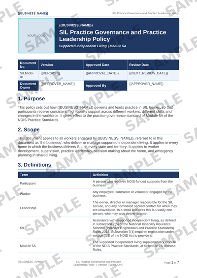 Sample NDIS SIL Practice Governance and Practice Leadership Policy template