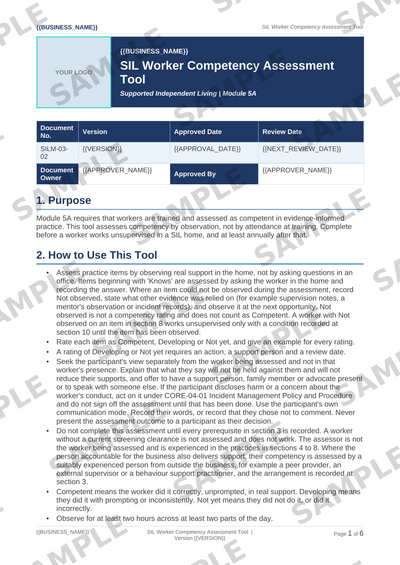 Sample NDIS SIL Worker Competency Assessment Tool template