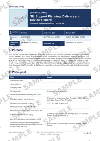 Sample NDIS SIL Support Planning, Delivery and Review Record template