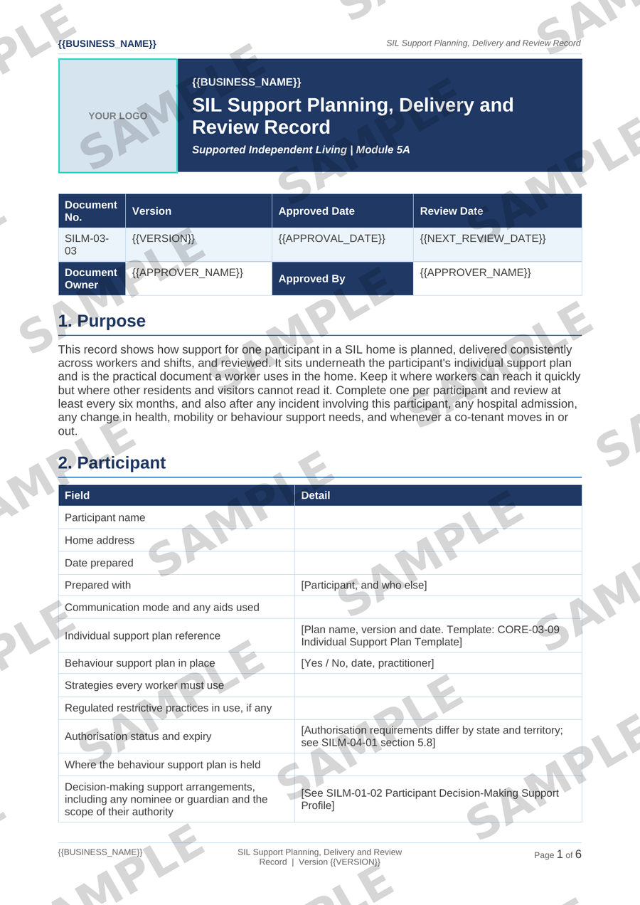 Sample NDIS SIL Support Planning, Delivery and Review Record template