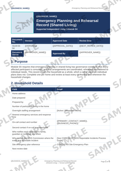 Sample NDIS Emergency Planning and Rehearsal Record (Shared Living) template