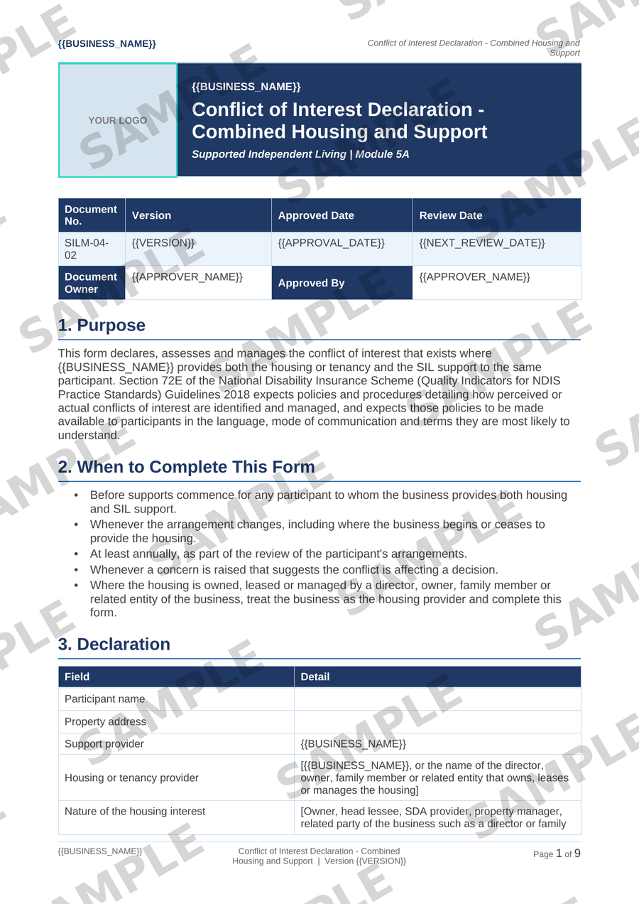 Sample NDIS Conflict of Interest Declaration - Combined Housing and Support template