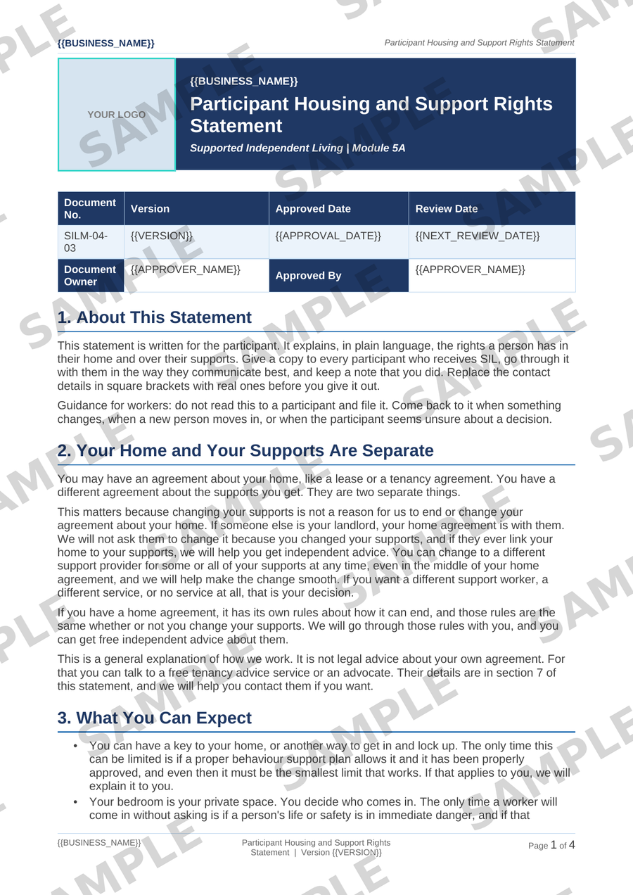 Sample NDIS Participant Housing and Support Rights Statement template