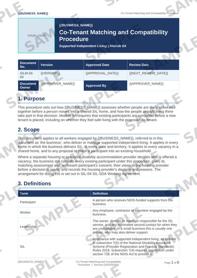 Sample NDIS Co-Tenant Matching and Compatibility Procedure template