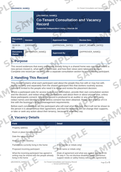 Sample NDIS Co-Tenant Consultation and Vacancy Record template