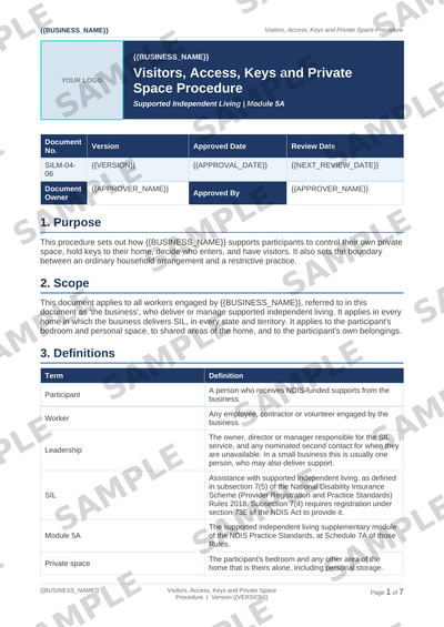 Sample NDIS Visitors, Access, Keys and Private Space Procedure template