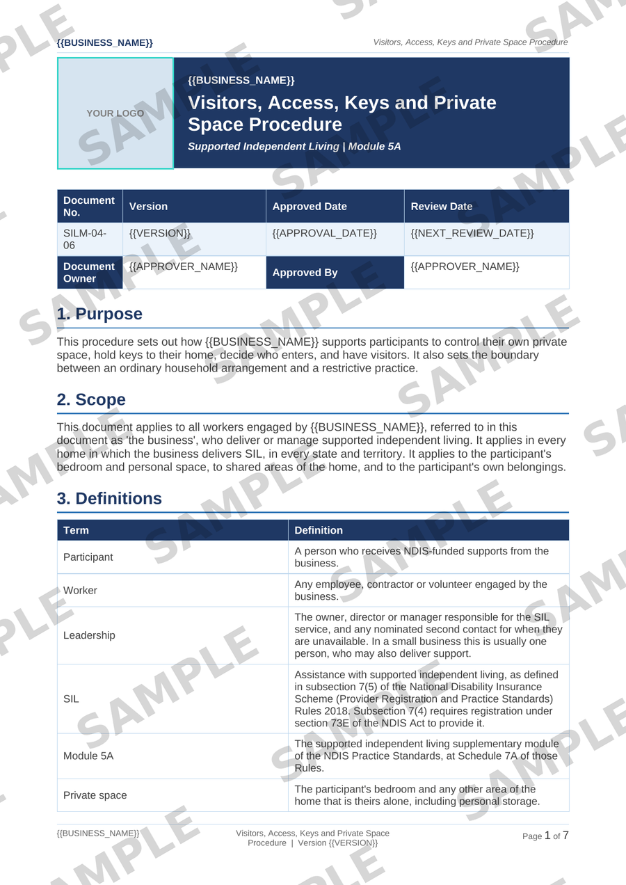 Sample NDIS Visitors, Access, Keys and Private Space Procedure template