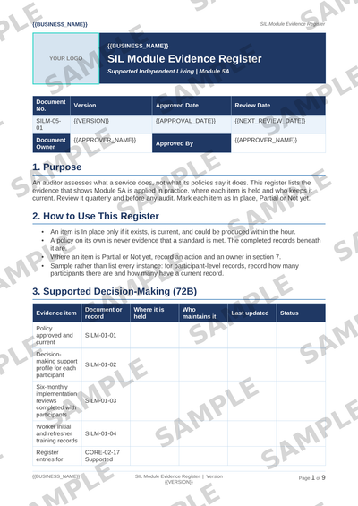 Sample NDIS SIL Module Evidence Register template