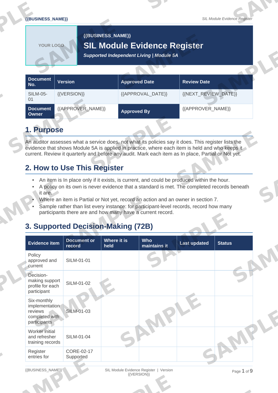 Sample NDIS SIL Module Evidence Register template