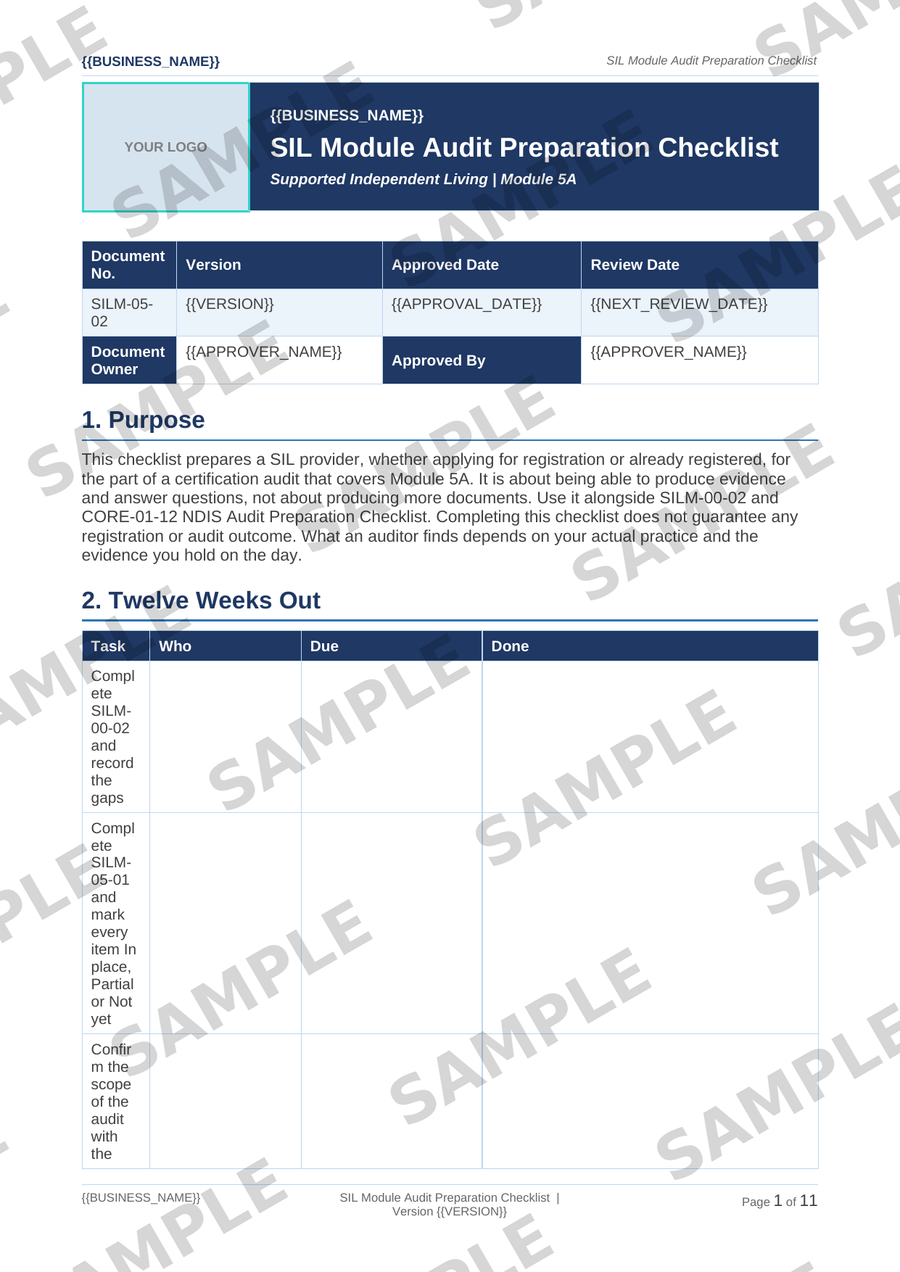 Sample NDIS SIL Module Audit Preparation Checklist template
